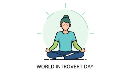 Illustration of a meditating person in lotus position with green hair and casual clothes on World Introvert Day against a simple background.