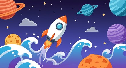 Obraz premium Whimsical cartoon illustration showing a rocket ship blasting off among planets and space waves