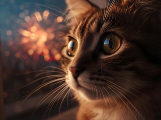 Close-up Portrait of a Cat with Fireworks Reflection in Eyes