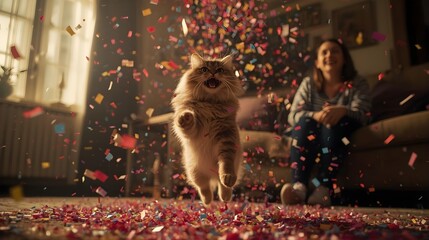 Playful Cat Jumping Through Colorful Confetti in Living Room Celebration