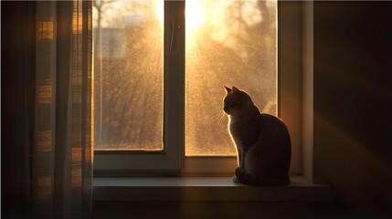 Serene Cat Silhouette at Sunset by the Window