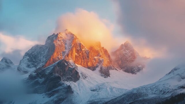 Snow covered mountain range illuminated by golden sunlight and clouds