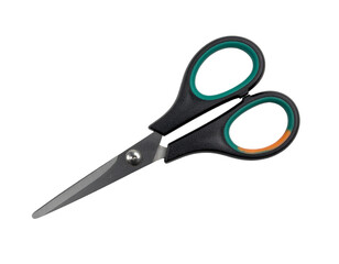 Pair of Black and Green Handled Scissors Isolated on White Background.