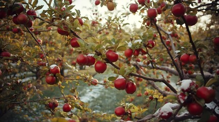 Serene Orchard Scene with Red Apples Covered in Snowfall