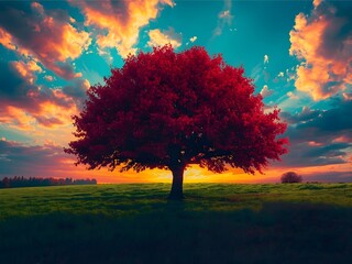 Solitary Vibrant Red Tree Under Dramatic Sunset Sky in Countryside Landscape