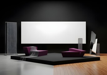 Modern minimalist stage design with purple seating and large white screen for presentations.