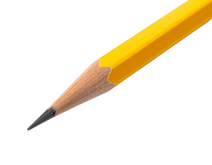 Close-up of a sharpened yellow pencil tip on a white background.