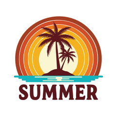 Fototapeta premium Palm trees on a tropical island with a retro sunset and summer typography graphic illustration perfect for seasonal branding