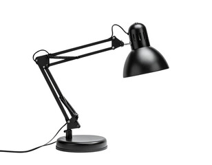 Black articulated desk lamp with adjustable arm and shade.