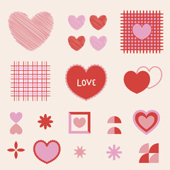 Valentine&rsquo;s Day vector set with hand-drawn hearts and geometric elements in red and pink tones. Romantic, modern design on a soft beige background.