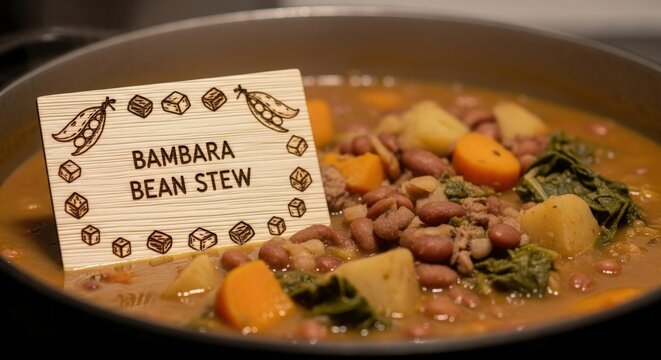 Traditional Bambara Bean Stew Pot with Beef and Engraved Raffia Wood Sign