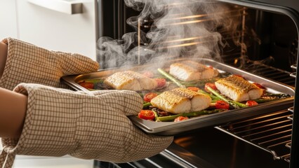 Asian female cooking baked fish with vegetables in oven