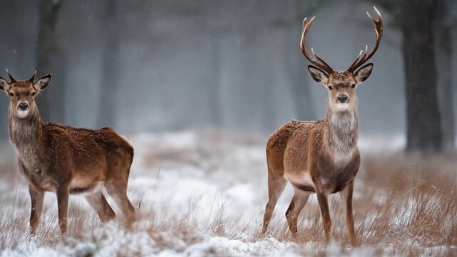 Two deer in a snowy forest one grazing, the other alert, thin trees, soft frost, muted dawn chilly