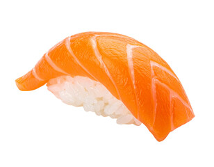 Close-up of a delicious salmon nigiri sushi on a white background.