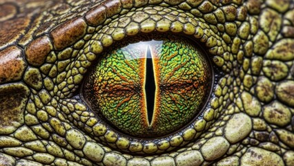 Close-up image of a vibrant reptilian eye with detailed green and orange textures