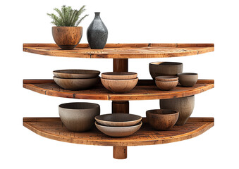 Corner shelf unit with three bamboo tiers isolated on transparent background