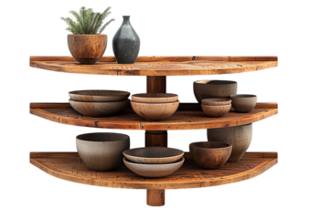 Corner shelf unit with three bamboo tiers isolated on transparent background