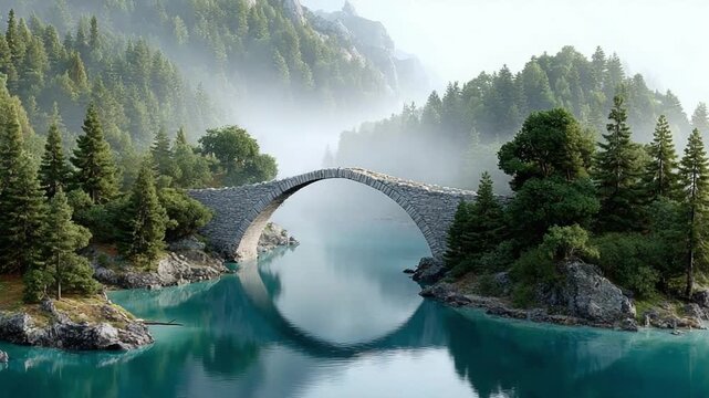 Stone Bridge over Turquoise Waters: An ancient stone bridge gracefully arches over serene turquoise waters, reflecting the lush green landscape of a surrounding forest, enveloped in a gentle mist.