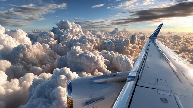 High Above the Clouds: A bird's-eye view from an airplane, showcasing a breathtaking vista of puffy clouds. The image captures the grandeur of flight, soaring through a realm of ethereal beauty.
