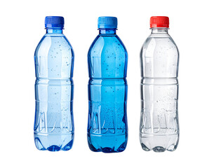 Three plastic water bottles isolated on a white background.