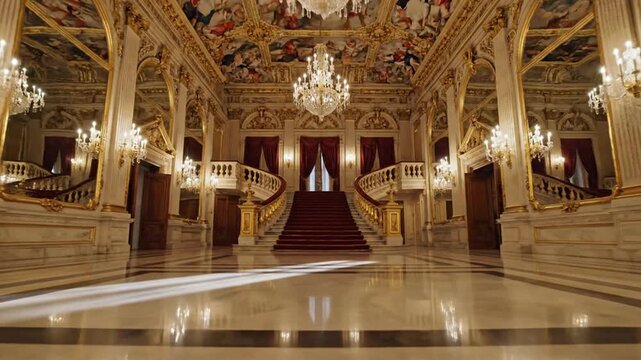 Luxurious grand staircase in an opulent building interior with chandeliers and ornate details.