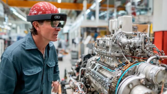 The Tech-Savvy Technician: A skilled technician, equipped with advanced augmented reality glasses, inspects a complex engine in a modern industrial setting.