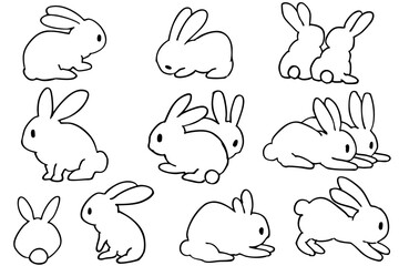うさぎの線画シルエットイラストセット｜シンプルでおしゃれなポーズ集
