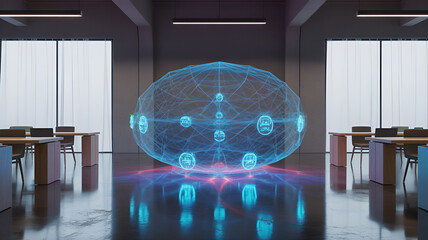 Modern corporate meeting room with futuristic blue holographic display technology inside.