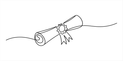 Continuous line drawing of a rolled diploma or certificate scroll with a seal Vector, illustration