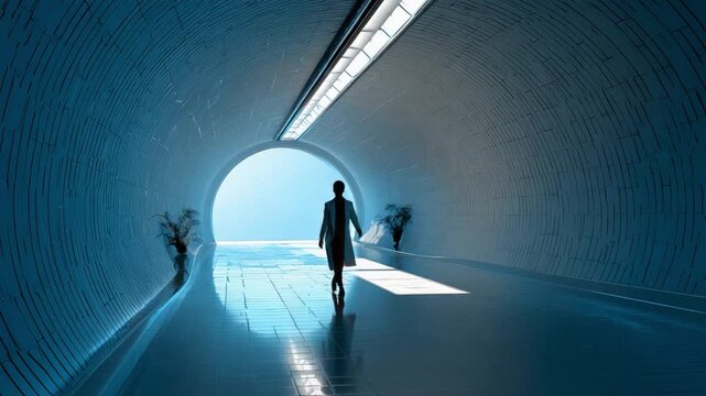 Journey Through a Modern Tunnel: A lone figure traverses a sleek, contemporary tunnel. The linear structure is bathed in cool, atmospheric light.