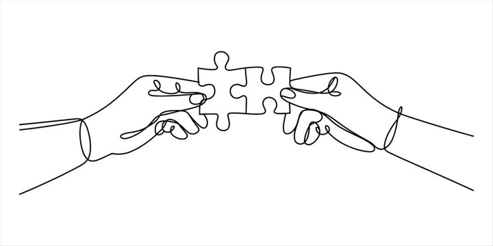 A continuous line drawing illustrating two hands bringing puzzle pieces together to symbolize teamwork and solution Vector, illustration