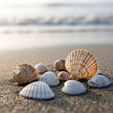 A beautiful collection of various seashells and small conch shells rests delicately on the textured damp sand of a sunlit beach.