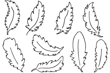 羽と翼の線画ベクターイラストセット｜フェザーと鳥のシンボルデザイン