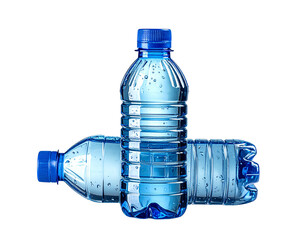 Three Blue Plastic Water Bottles with Water Inside.