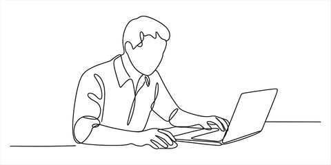 Continuous line art drawing of a man working on a laptop at a desk Vector, illustration