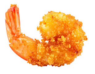 Crispy golden fried shrimp with tail on white background.