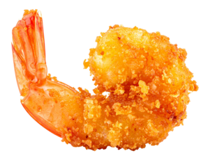 Crispy golden fried shrimp with tail on white background.