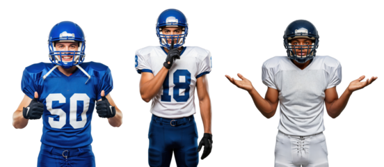 Three Male Football Players in Uniforms Showcasing Different Poses: Action, Silence, Uncertainty