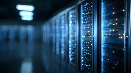 Modern Server Room with Blinking Lights and Data Center Racks.