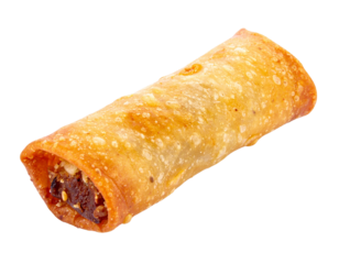 Crispy golden brown egg roll filled with savory ingredients isolated on white background.