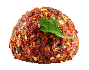 A single perfectly formed falafel ball seasoned with spices and herbs garnished with a fresh parsley leaf.