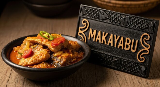 Traditional Makayabu Salt Fish Stew Bowl with Carved Ebony Wood Sign