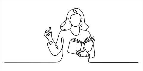 Continuous line drawing of a woman reading a book and giving a thumbs up Vector, illustration