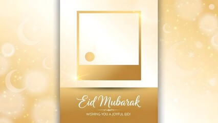 Fototapeta premium Elegant Eid al-Fitr photo frame or twibbon template for social media. Featuring luxury gold accents, islamic geometric patterns, and celestial elements like stars and moon on a glowing background.