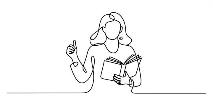 Continuous line drawing of a woman reading a book and giving a thumbs up Vector, illustration