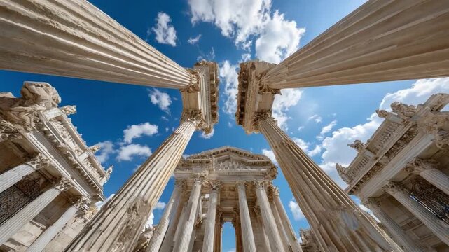 Ancient Columns Beneath the Sky: majestic columns of an ancient ruin, standing tall against a canvas of vibrant blue, where history and nature converge in a stunning visual experience.