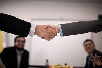 Professional handshake between colleagues in a business meeting setting