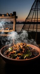 Steaming Smoked Congolese Makayabu (Salt Fish Stew) with Cassava Leaves in Ceramic Bowl with Negative Space