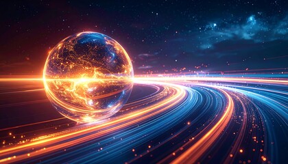 Futuristic sphere amidst vibrant light trails in a cosmic vista