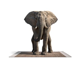 Full frontal view of a majestic elephant standing on a rug, white background